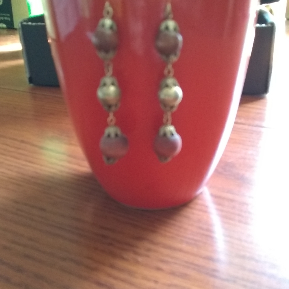 Earrings, dangle wood and brass bead s
